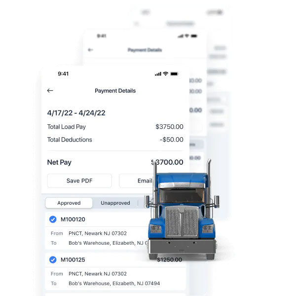 Driver settlement feature in drayOS via the mobile app.