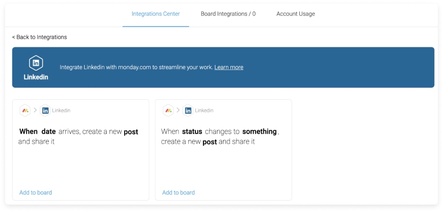 Creating content automations for LinkedIn posts in monday Sales CRM.