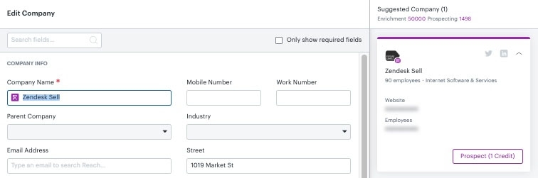 A sample Zendesk Sell company record with a prospect data enrichment credit.
