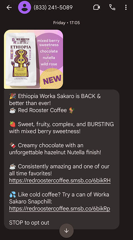 A text message advertising a back-in-stock coffee blend and its flavor profile.