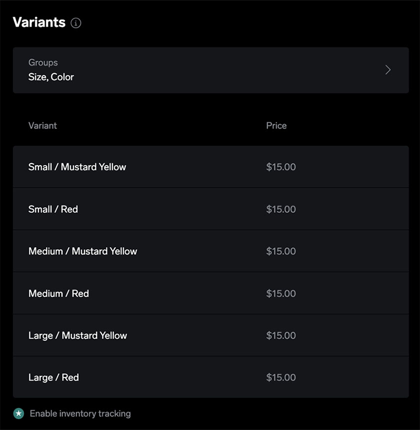 Big Cartel example of product variant combinations.