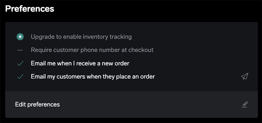 Big Cartel setting up preferences for customer orders.