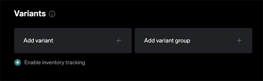 Big Cartel screenshot of variant options add variant group.
