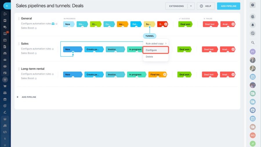 Bitrix24 sales pipelines with sales tunnel configuration option.