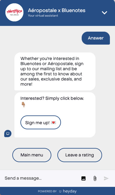 Bluenote x Aeropostal chatbot messages with option to sign up for email list.