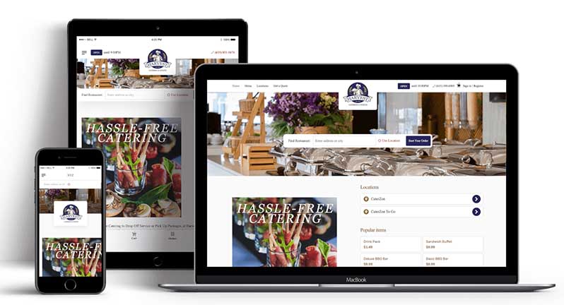 CaterZen online ordering site displayed on a laptop, tablet, and smartphone.