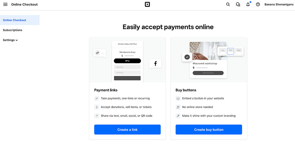 Choosing between a payment link and buy button using Square.