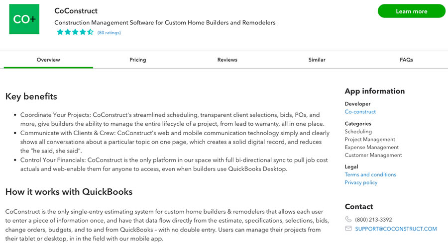 CoConstruct integration page from within the QuickBooks Online app marketplace.