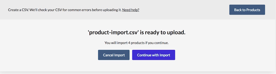 "Continue with Import" option on catalog screen.