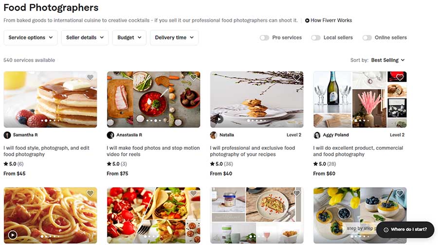 Fiverr search page displaying several options for food photographers.