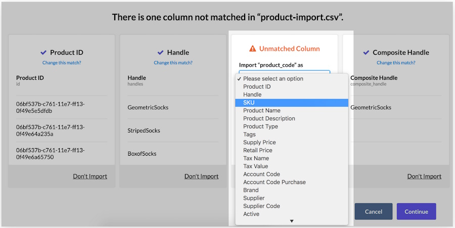 Fixing unmatched columns during inventory import.