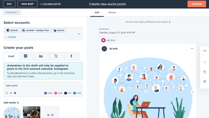 A screenshot of HubSpot CRM’s AI-powered social post generator for publishing social media campaigns on LinkedIn, Facebook, Instagram, and X.