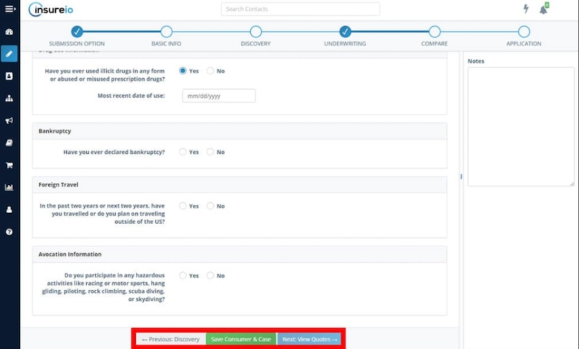 Insureio's quoting process showing a questionnaire in the underwriting stage.