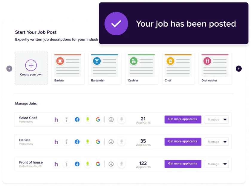 Job posting dashboard for creating a post, managing jobs, and managing applicants.