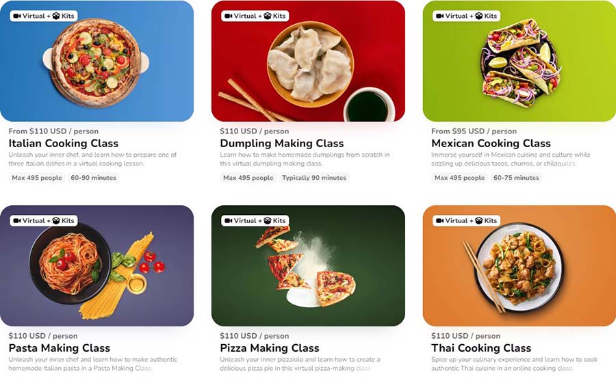 Menu page featuring six virtual cooking classes that are available for teams to choose.