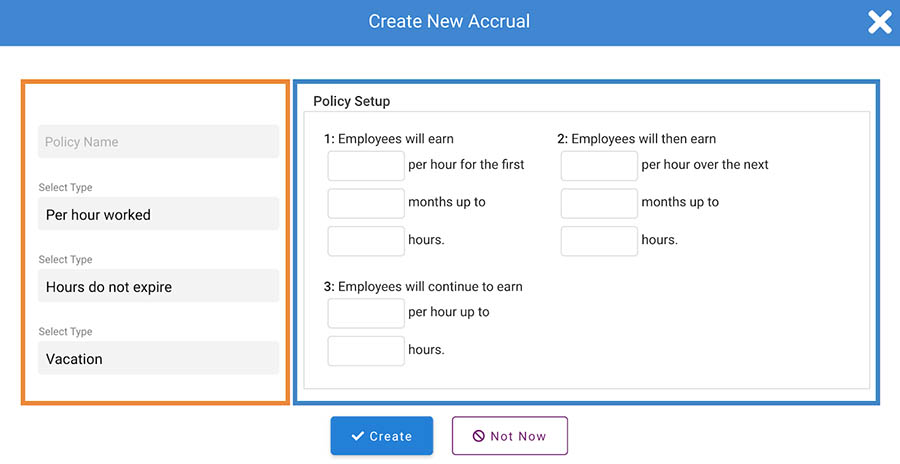 OnPay's accrual policy tool allows you to set up accrual rules for each leave type.