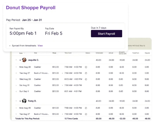 Payroll dashboard showing employee timesheet entries and Start Payroll button.