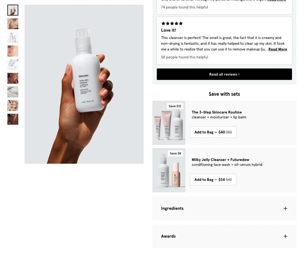 Product image of milky cleanser on glossier website with bundling options at the bottom.