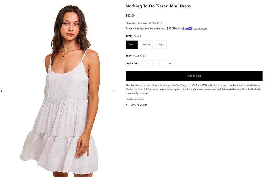 Product listing for a white mini dress called "Nothing to do tiered maxi" with a model wearing dress next to description.