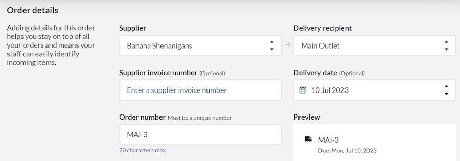 Purchase order details on "Generate purchase order" screen.