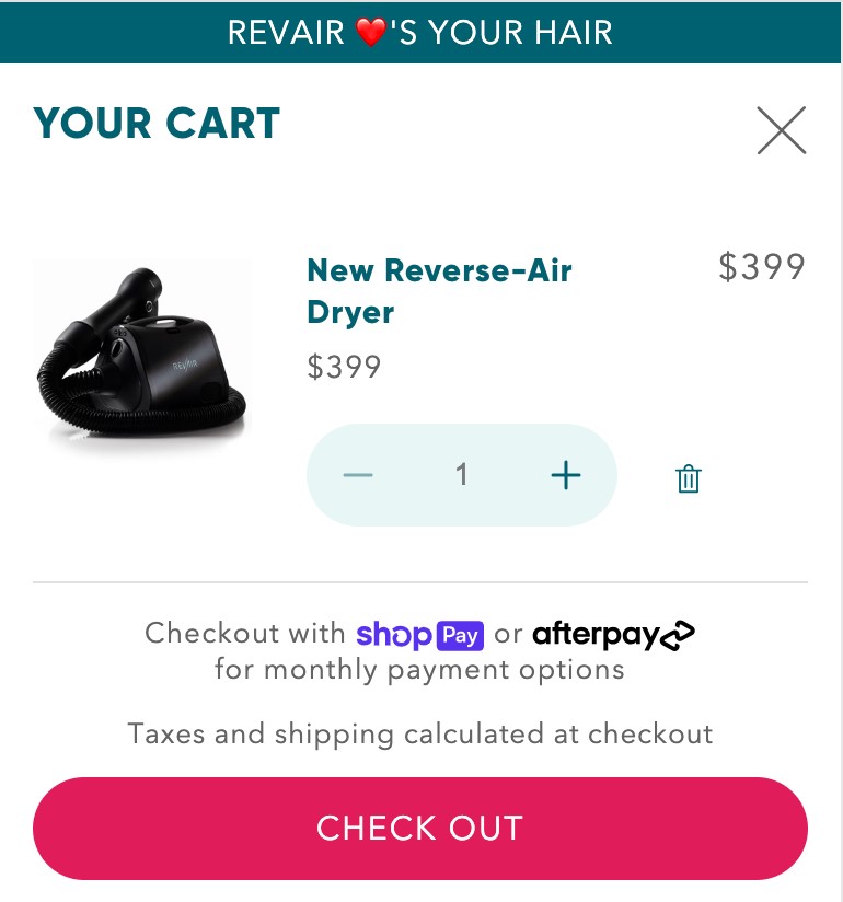 Screenshot of Revair checkout page offering Shop Pay and AfterPay Buy now pay later option