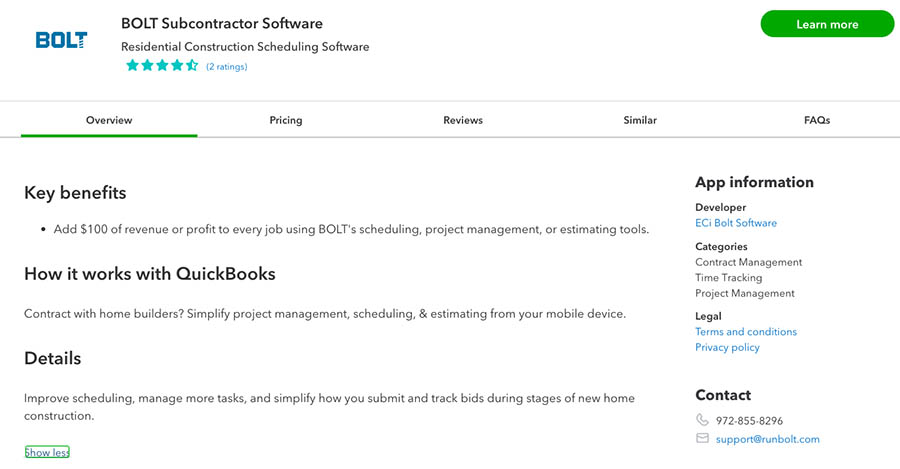 Screen where you can set up the Bolt integration from the QuickBooks app marketplace.