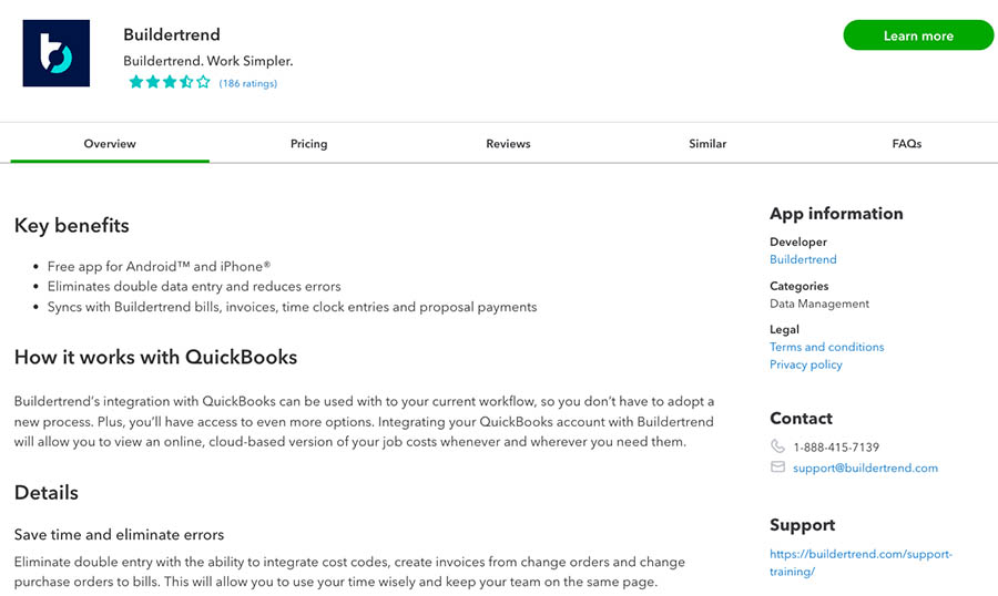 Screen where you can set up the Buildertrend integration from the QuickBooks app marketplace.