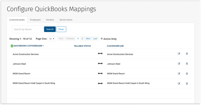 Screen in Clockshark where you can configure QuickBooks mappings for data like customers, employees, vendors, and items.