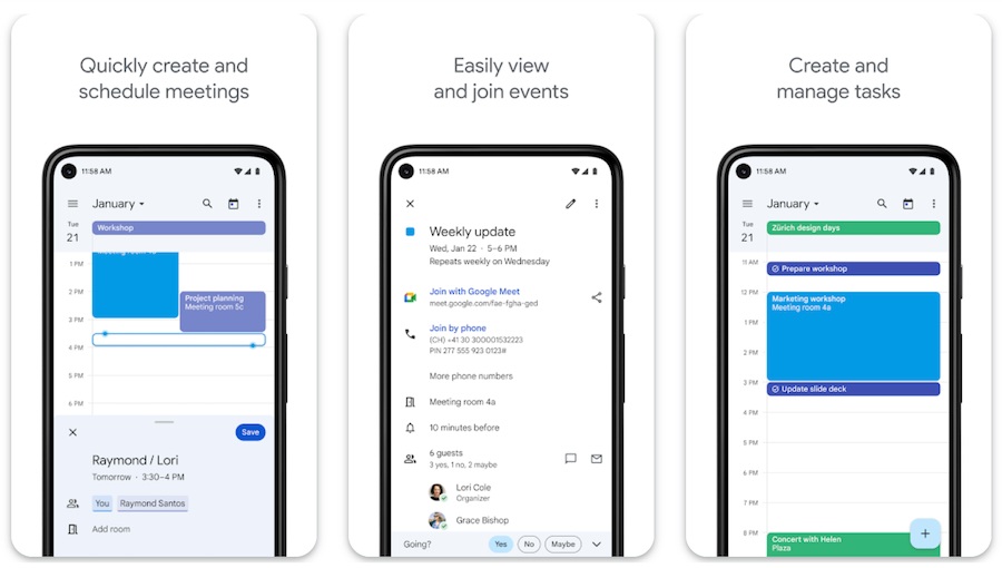 Several mobile phones displaying the Google Calendar app and its meeting scheduling, event scheduler, and task management features.