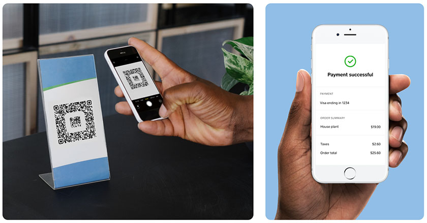 (left) Square qr code example displayed and scanned on smartphone (right) payment completed on customer smartphone.