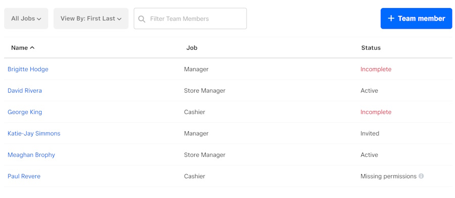 Square team members list with names and job titles.