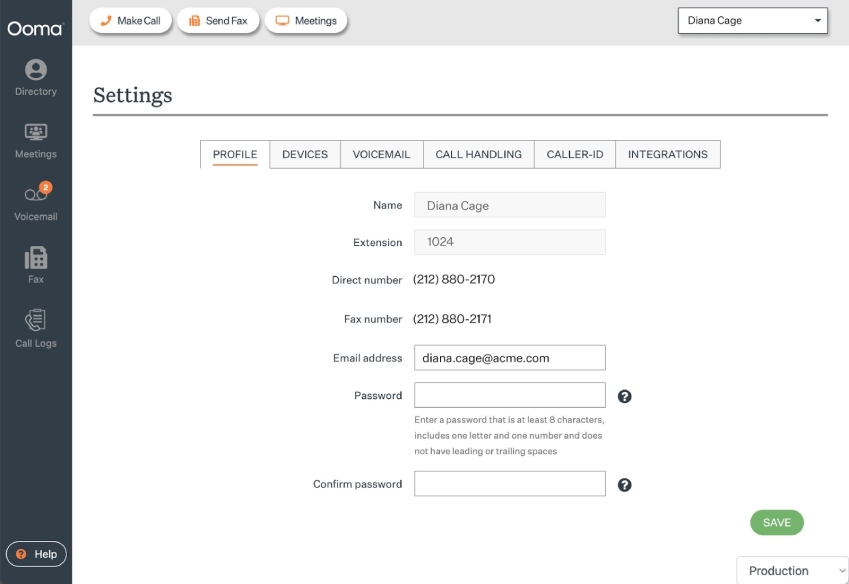 The Ooma Office call handling settings on a web browser.
