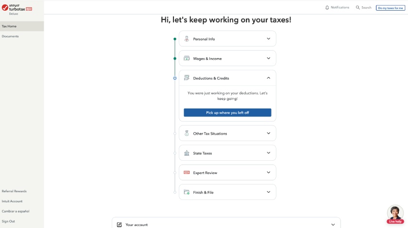  TurboTax dashboard