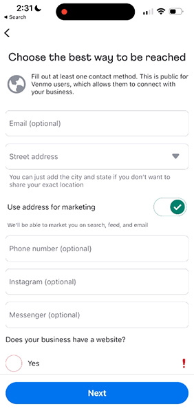 Venmo app business contact details page.