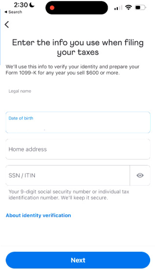 Venmo app identify verification page.
