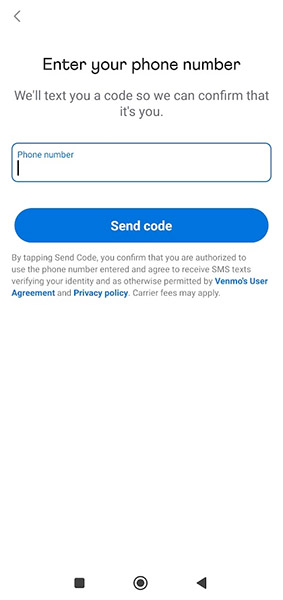 Venmo app phone verification page.