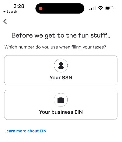 Venmo app SSN or EIN input page.