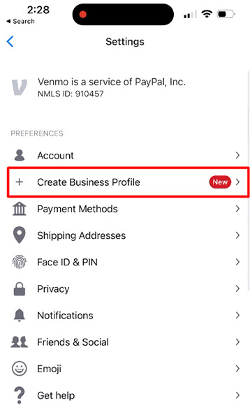 Venmo app settings page.