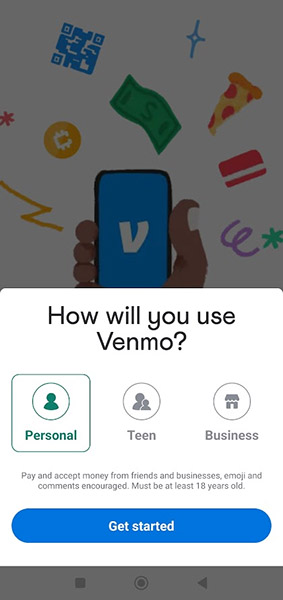 Venmo app sign up page.