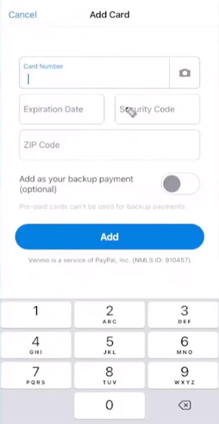 Venmo Business add a card page.