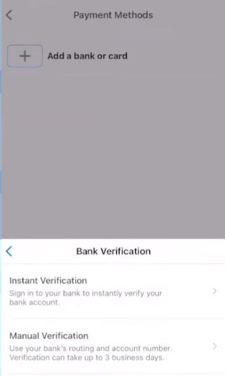 Venmo business bank verification page.
