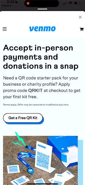 Venmo business order a QR kit page.
