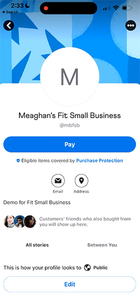 Venmo business profile page.