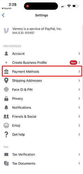 Venmo business settings page.