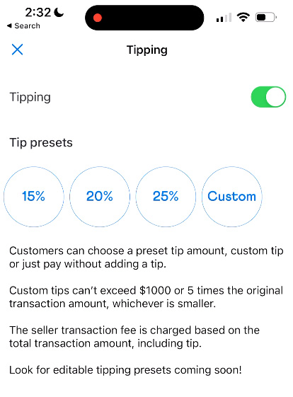 Venmo business tipping settings page.