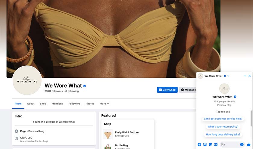 WeWoreWhat Facebook page with picture of yellow bikini top and messenger opened.