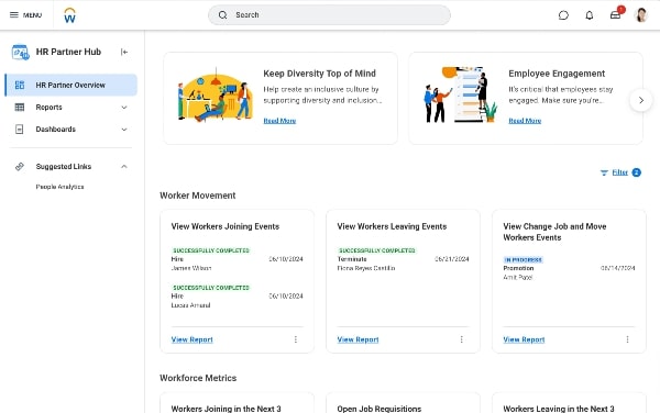 A screenshot of Workday's HR hub.