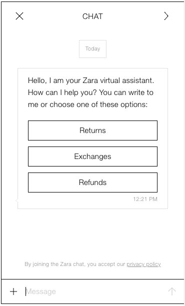 Zara chatbot messenger with menu of options including Returns. Exchanges, and Refunds.