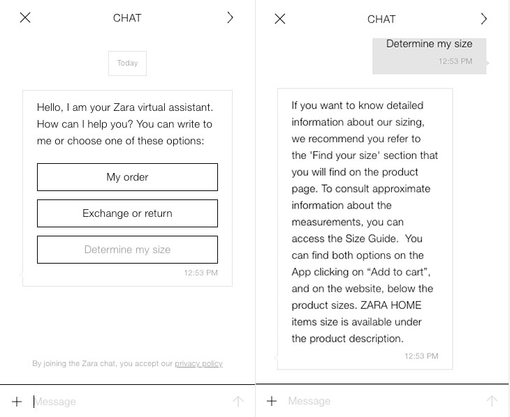 Zara chatbot messenger with menu of options and then relevant sizing information.