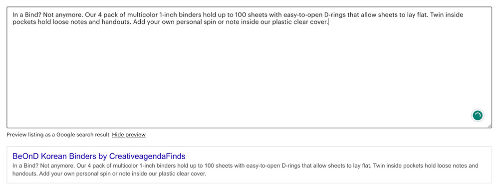 Screenshot of an Etsy product page setup with product description and Google search result preview.